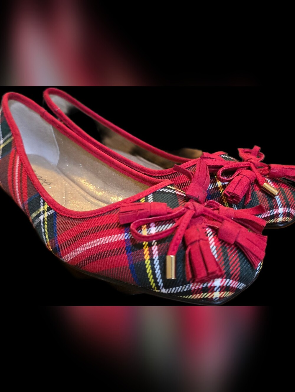 J. Renee Red Plaid Tassel Bow Flats